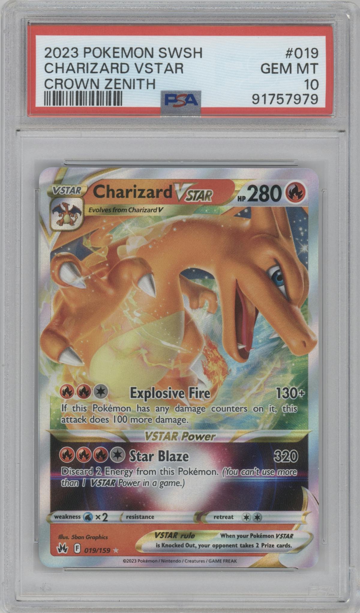 Charizard VSTAR from the 2023 Pokemon SWSH set graded by PSA and given an overall grade of 10.