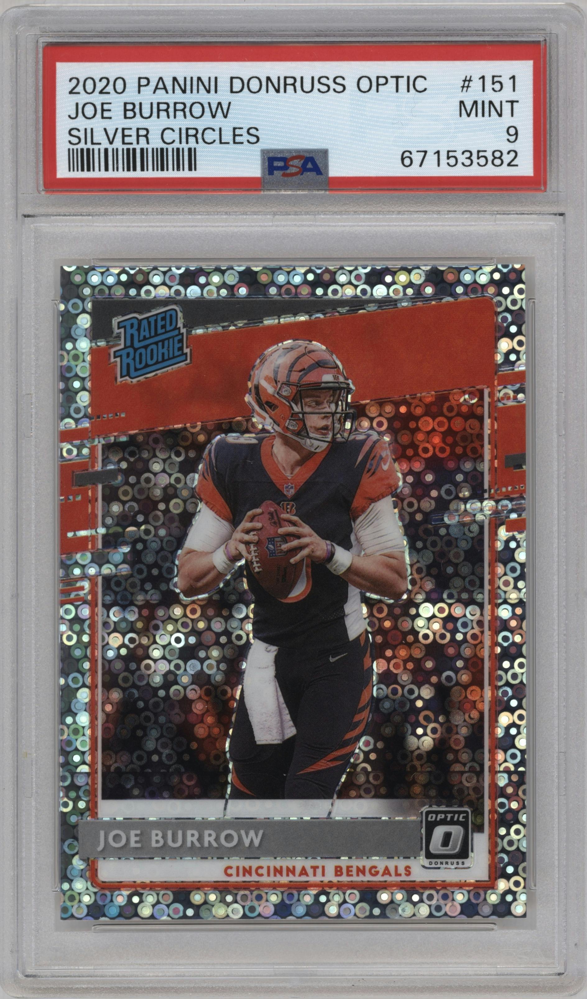 Joe Burrow from the 2020 Panini Donruss Optic set featuring a Silver Circles parallel graded by PSA and given an overall grade of 9.