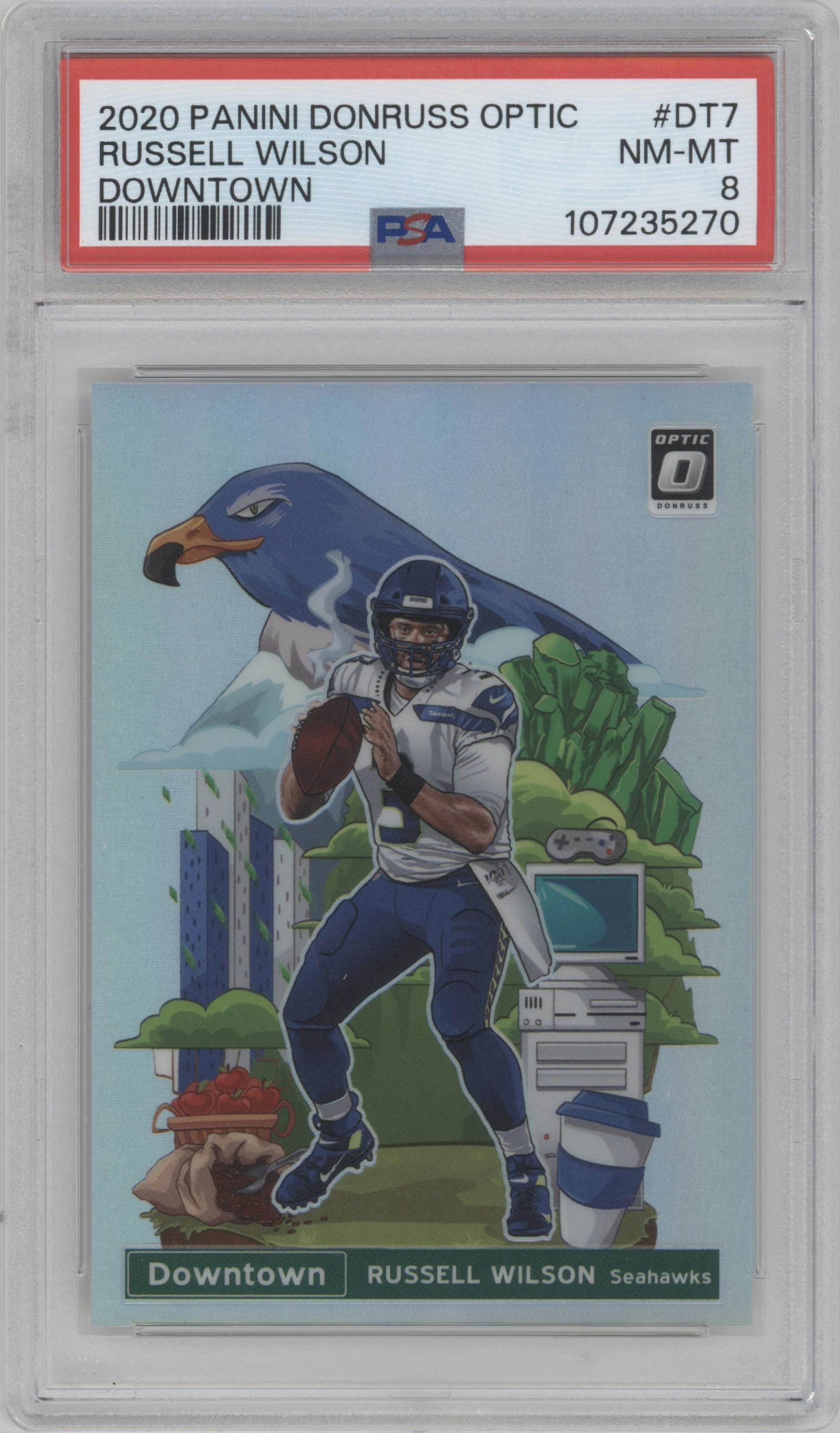 Russell Wilson from the 2020 Panini Donruss Optic set graded by PSA and given an overall grade of 8.