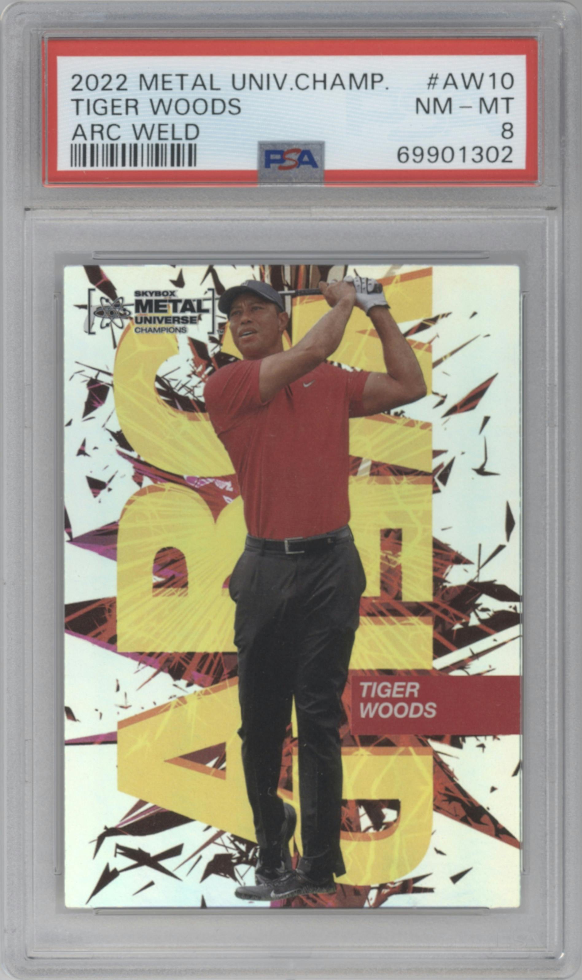 Tiger Woods from the 2021 Skybox Metal Universe Champions set graded by PSA and given an overall grade of 8.