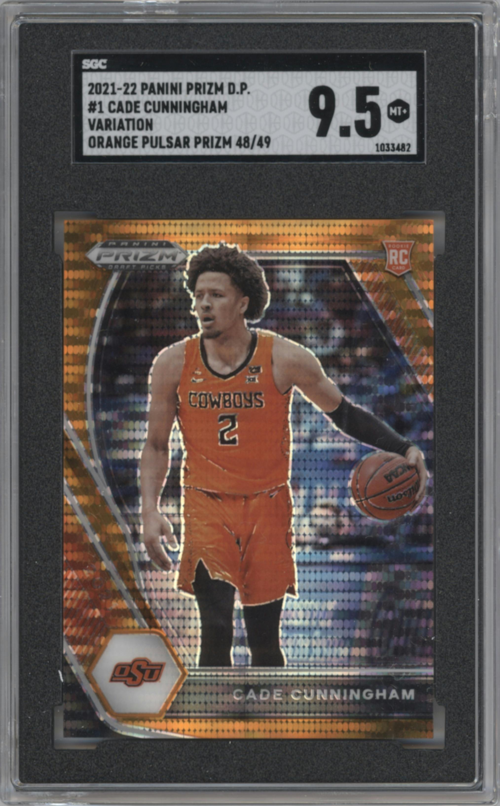 Cade Cunningham from the 2021-22 Panini Prizm Draft Picks set featuring a Orange Pulsar parallel graded by SGC and given an overall grade of 9.5.