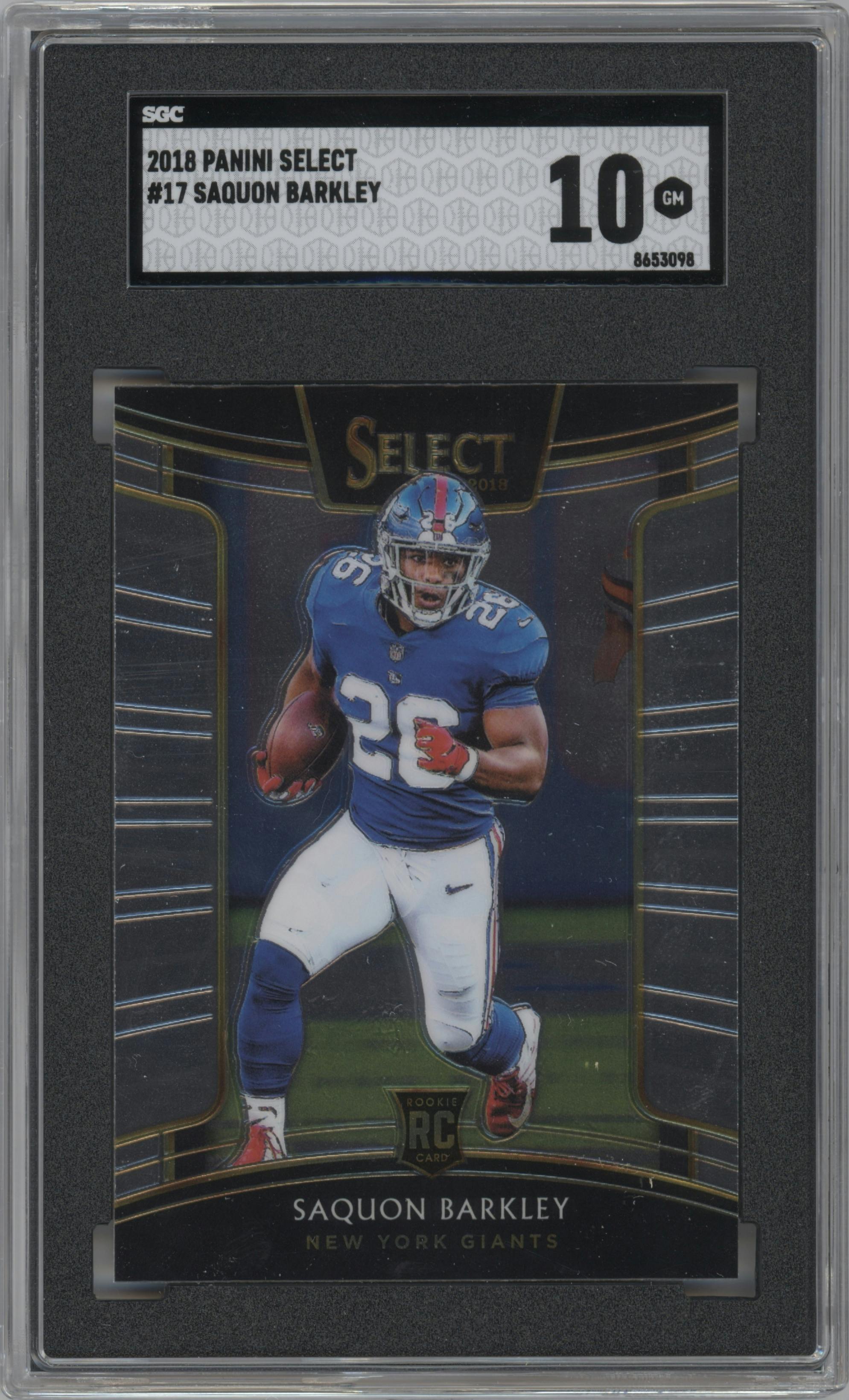 Saquon Barkley from the 2018 Panini Select set graded by SGC and given an overall grade of 10.