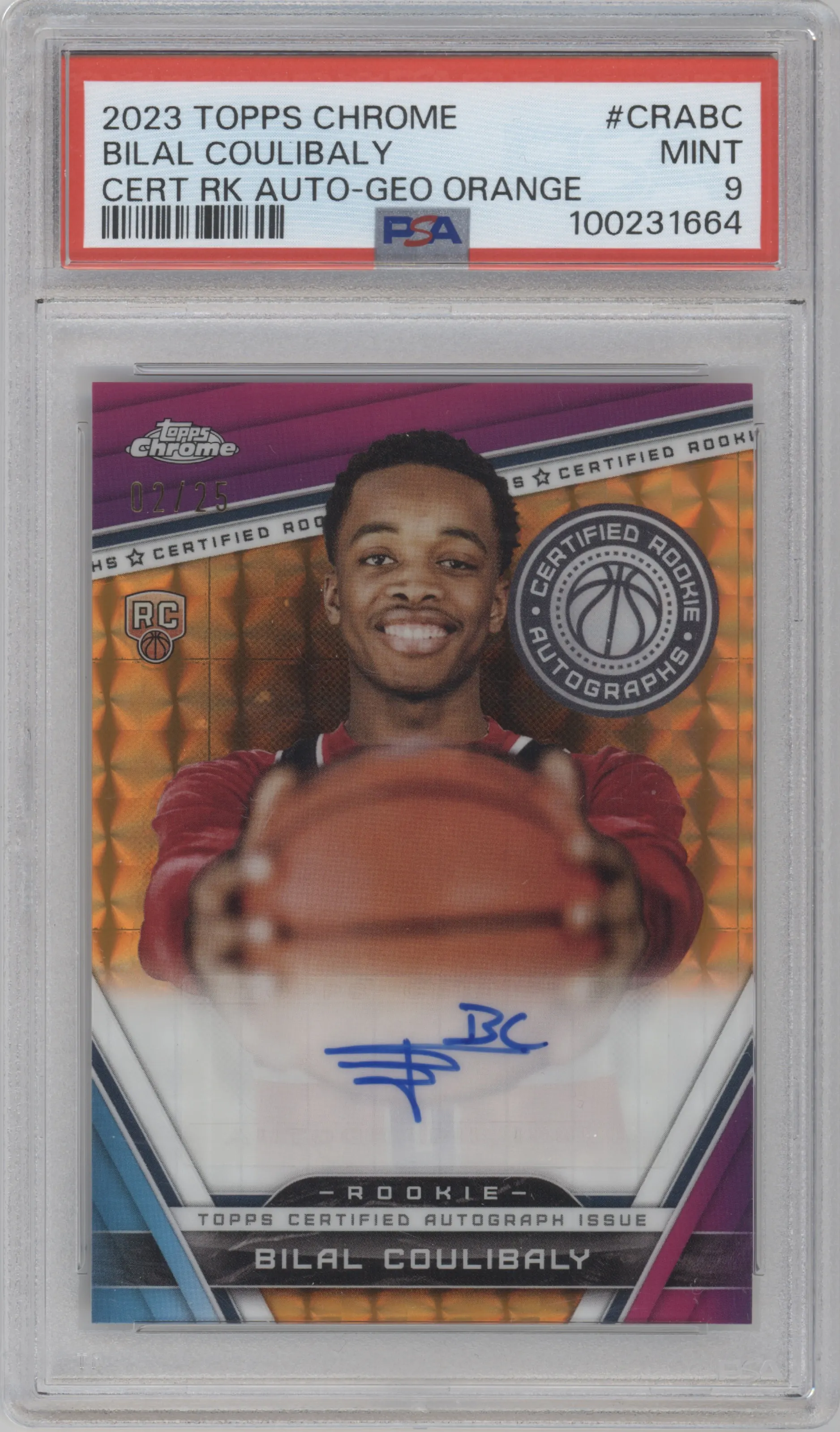 2023 Topps Chrome Cert.Rke.Au. Bilal Coulibaly Orange Geometric Refractor PSA 9