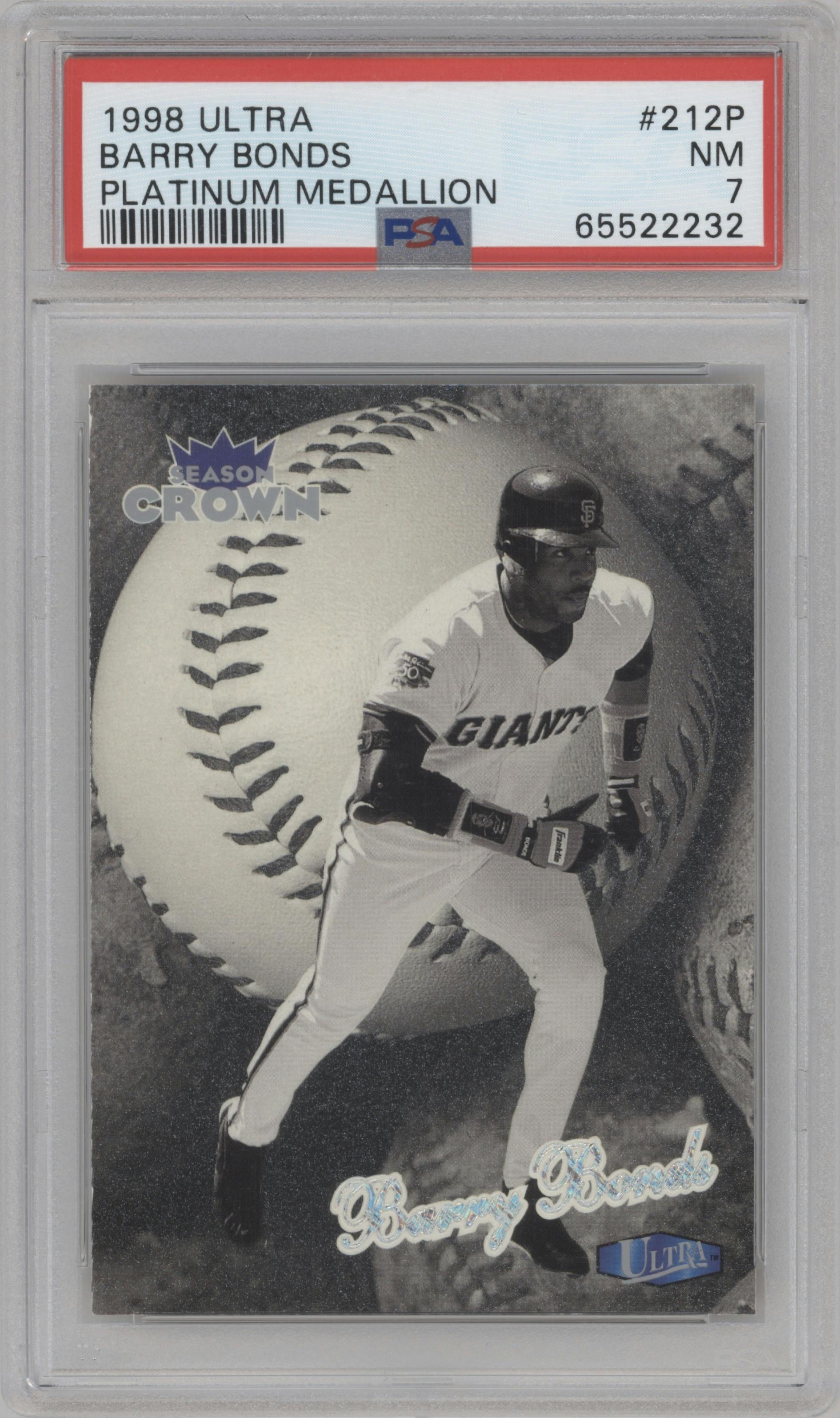 Barry Bonds from the 1998 Fleer Ultra set featuring a Platinum Medallion parallel graded by PSA and given an overall grade of 7.