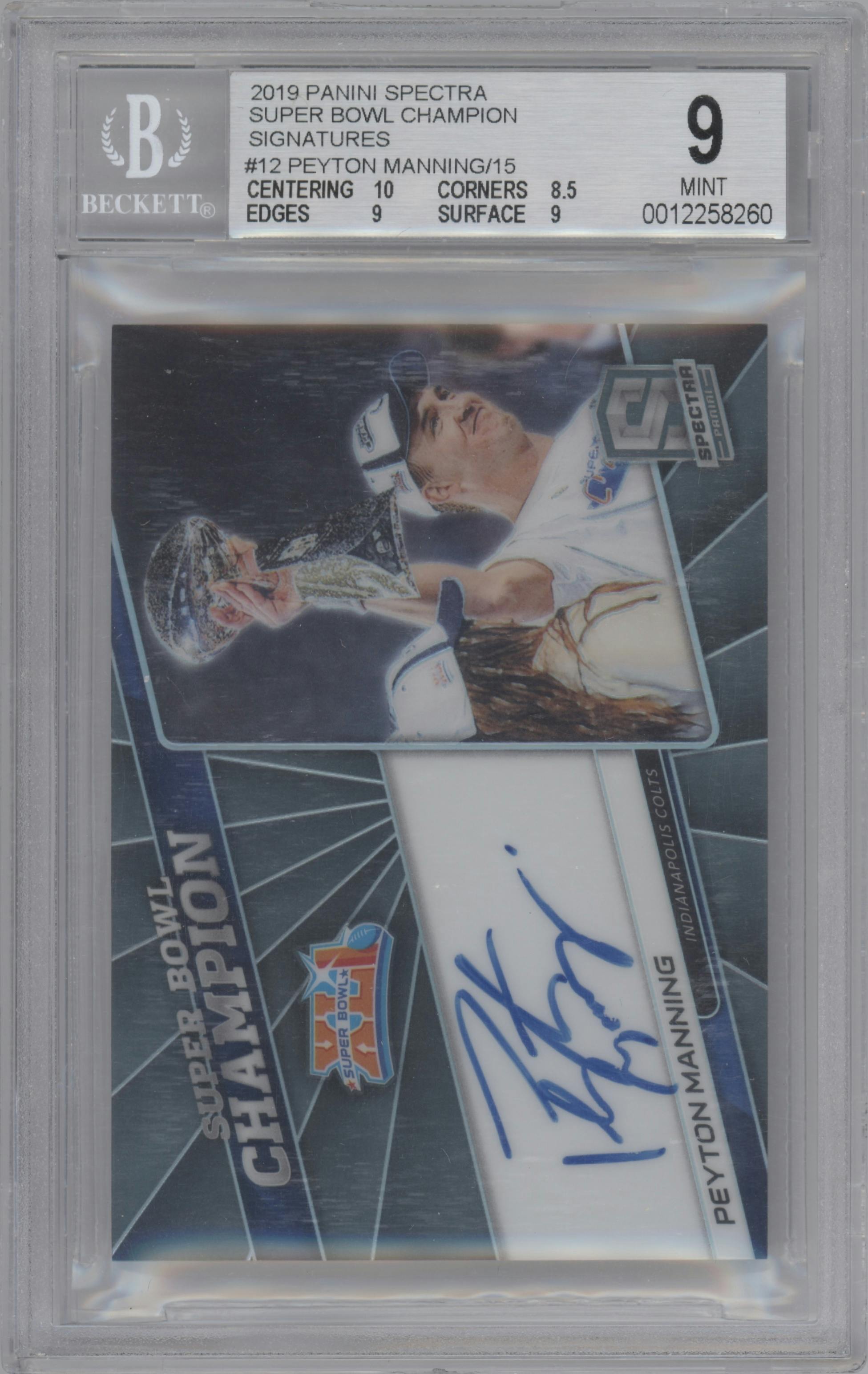 Peyton Manning from the 2019 Panini Spectra set graded by Beckett and given an overall grade of 9.