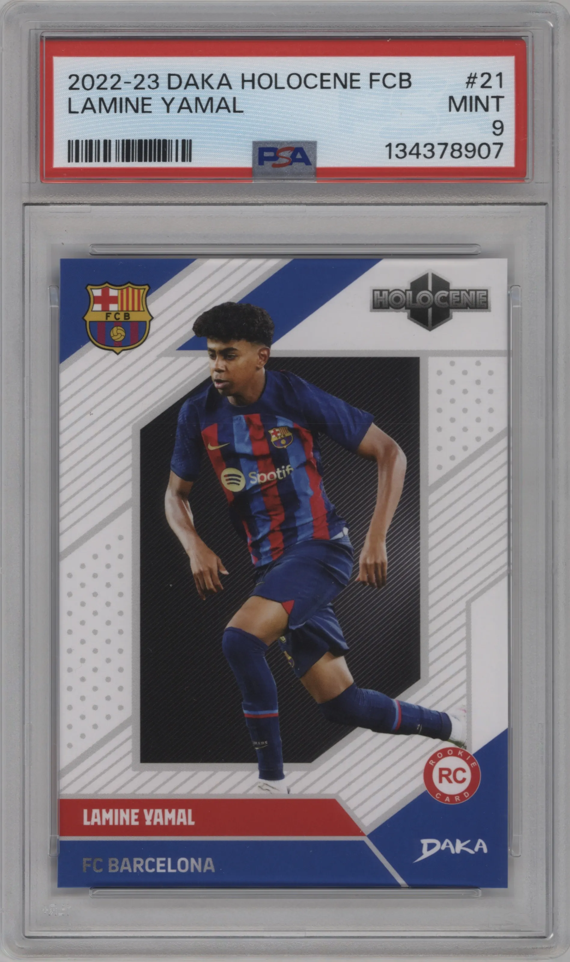 Lamine Yamal from the 2022 Daka Holocene FC Barcelona set graded by PSA and given an overall grade of 9.