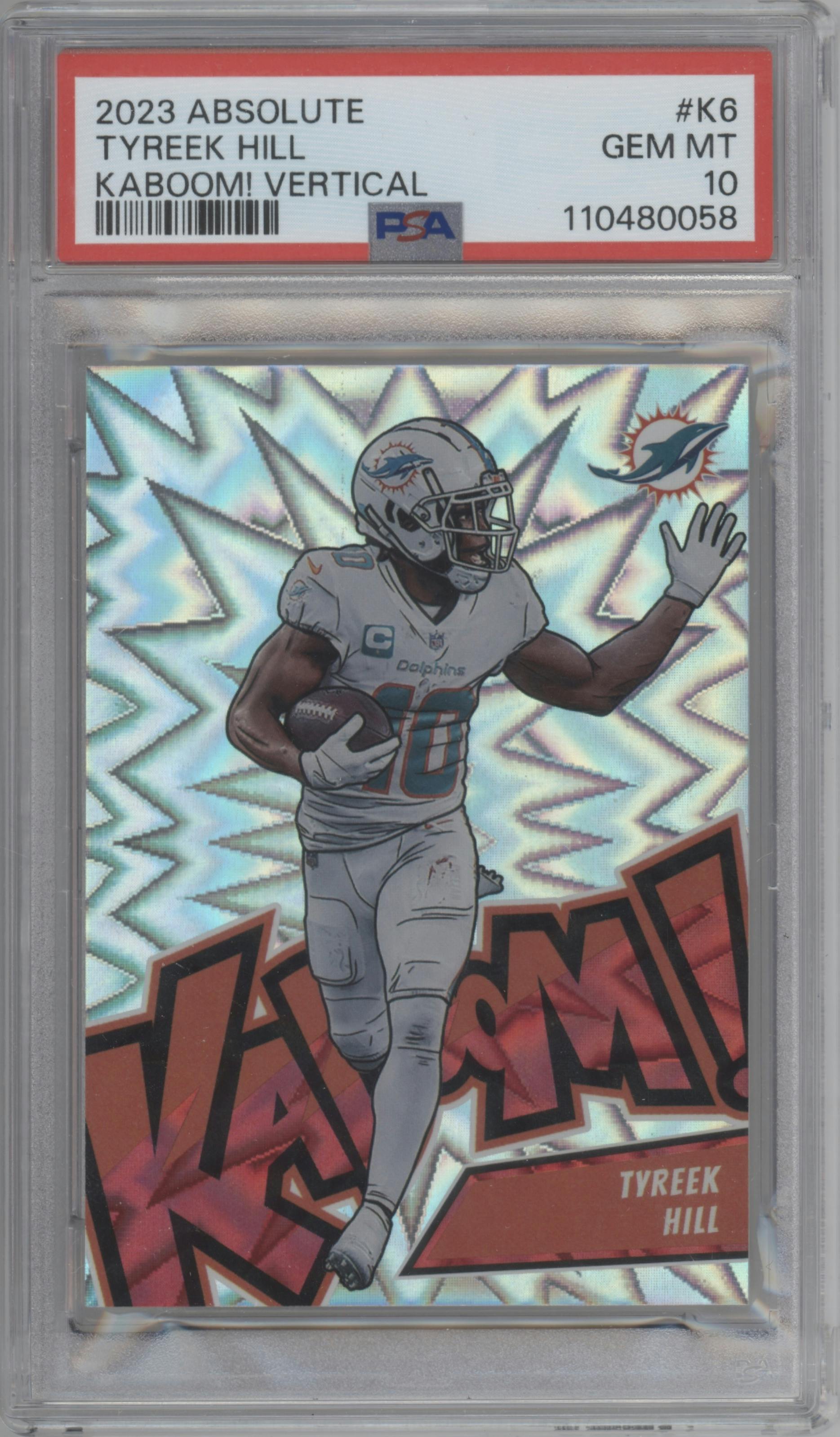 Tyreek Hill from the 2023 Panini Absolute set graded by PSA and given an overall grade of 10.