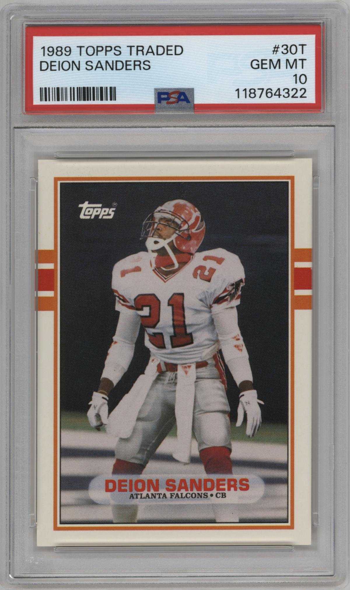 Deion Sanders from the 1989 Topps Traded set graded by PSA and given an overall grade of 10.