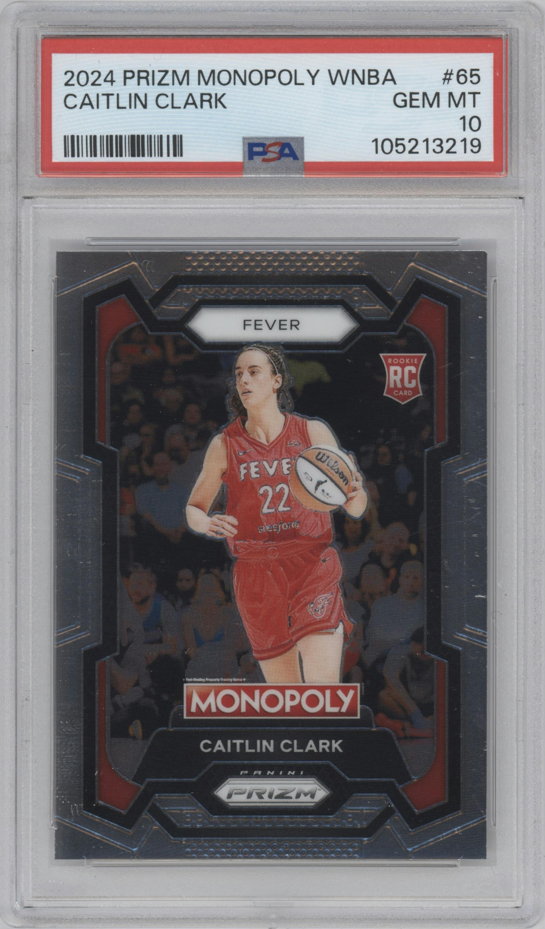 Caitlin Clark from the 2024 Panini Prizm Monopoly WNBA set graded by PSA and given an overall grade of 10.