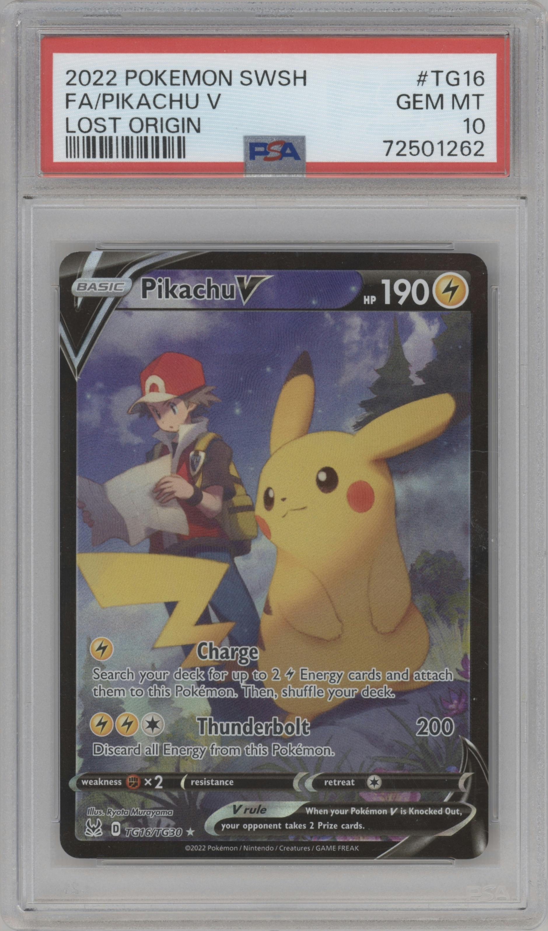 Pikachu V from the 2022 Pokemon SWSH set graded by PSA and given an overall grade of 10.