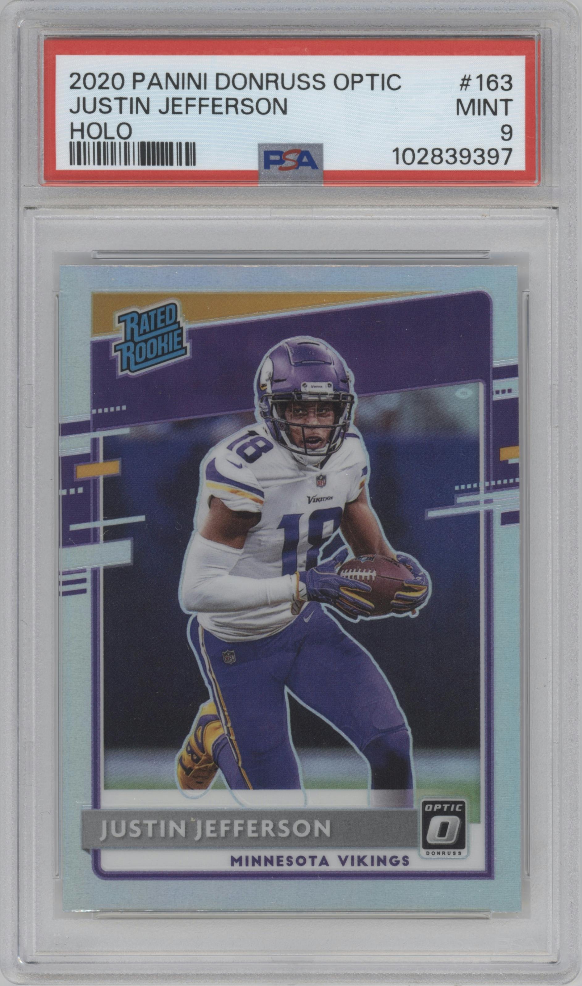 Justin Jefferson from the 2020 Panini Donruss Optic set featuring a Holo parallel graded by PSA and given an overall grade of 9.