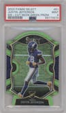 Justin Jefferson from the 2020 Panini Select set featuring a Die-Cut Neon Green parallel graded by PSA and given an overall grade of 9.