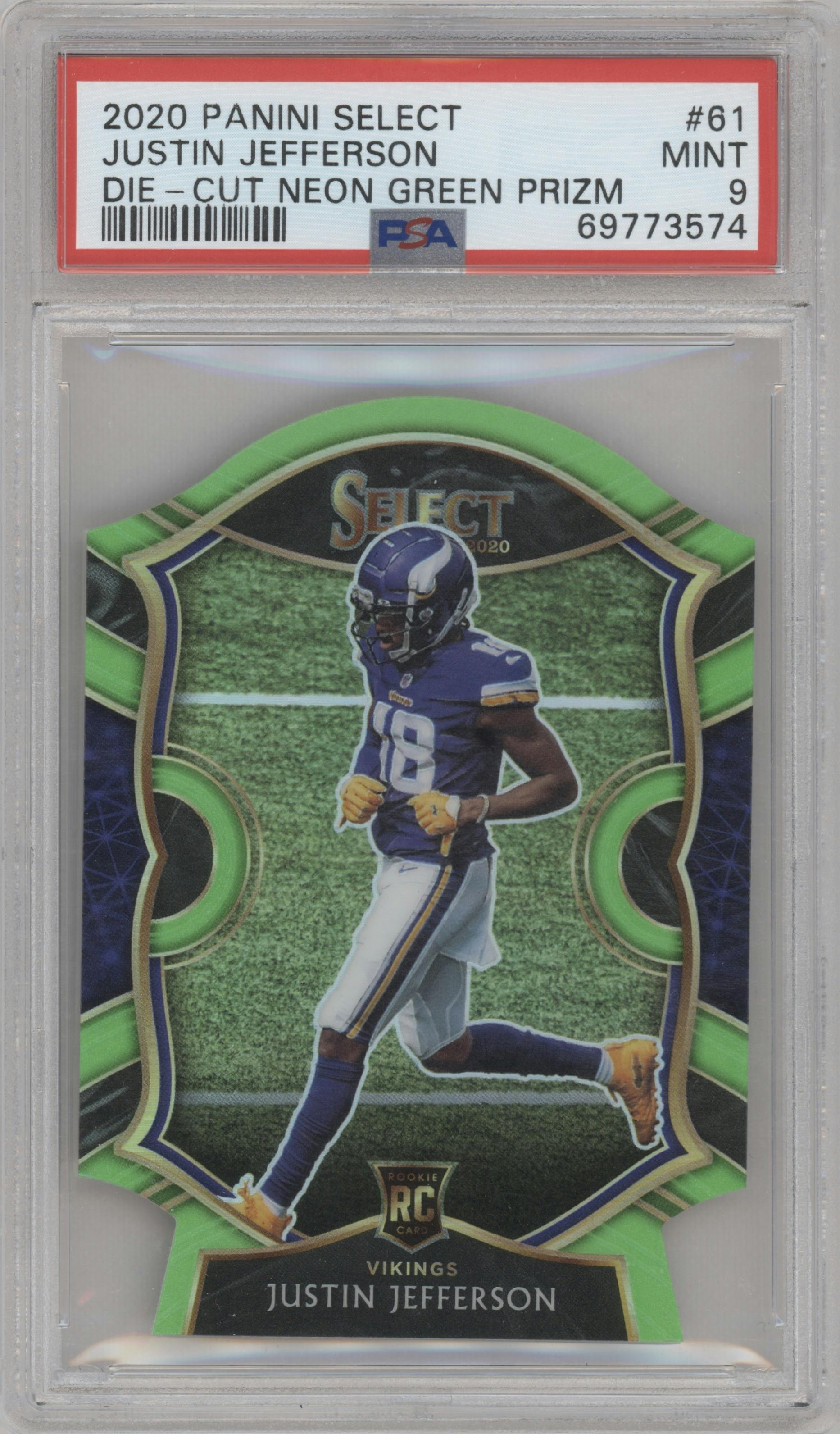 Justin Jefferson from the 2020 Panini Select set featuring a Die-Cut Neon Green parallel graded by PSA and given an overall grade of 9.