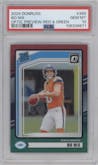 Bo Nix from the 2024 Donruss set featuring a Red and Green parallel graded by PSA and given an overall grade of 10.