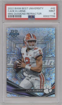 Cade Klubnik from the 2022-23 Bowman’s Best University  set featuring a Mini-Diamond Refractor parallel graded by PSA and given an overall grade of 9.