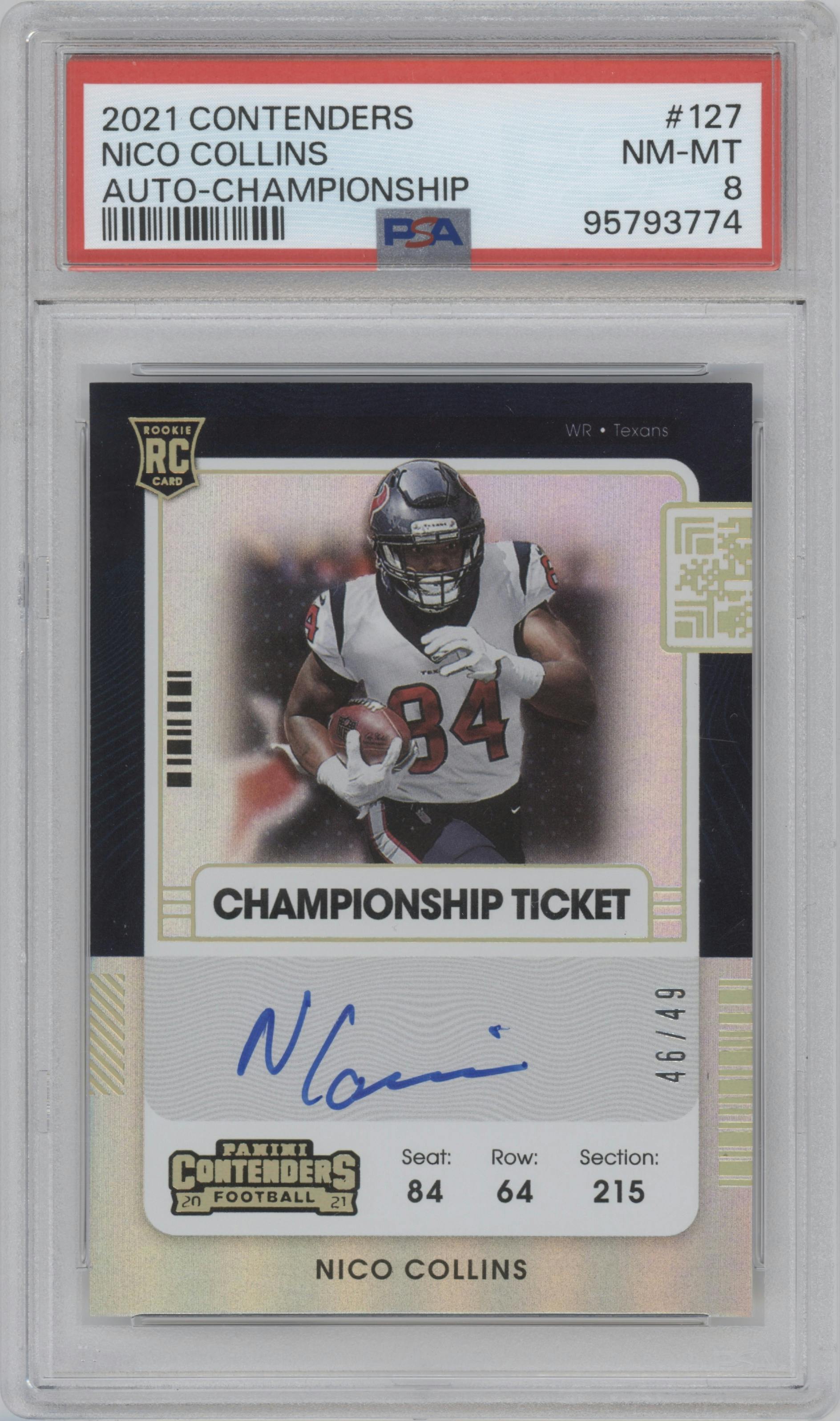 Nico Collins from the 2021 Panini Contenders   set featuring a Championship parallel graded by PSA and given an overall grade of 8.