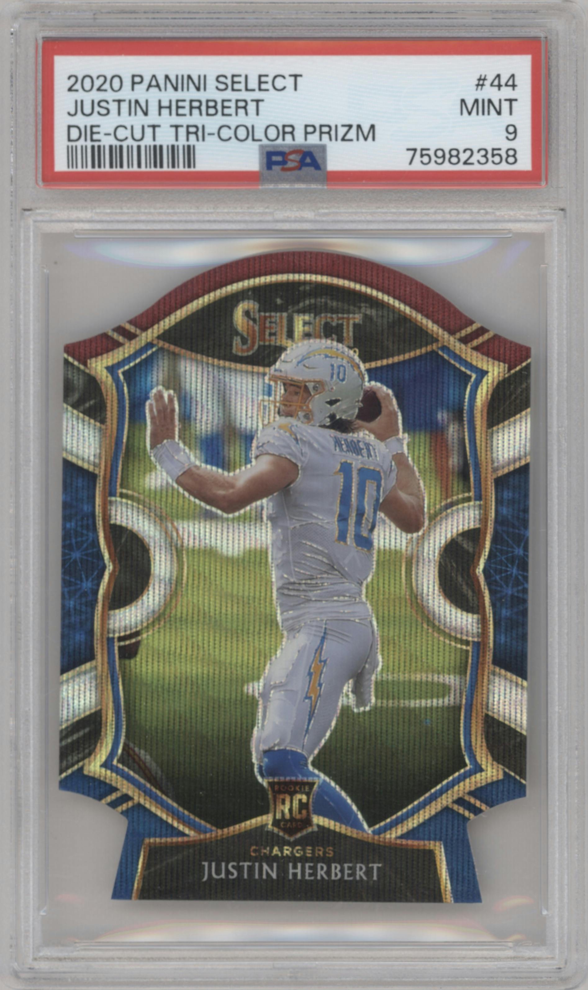 Justin Herbert from the 2020 Panini Select set featuring a Die-Cut Tri-Color parallel graded by PSA and given an overall grade of 9.