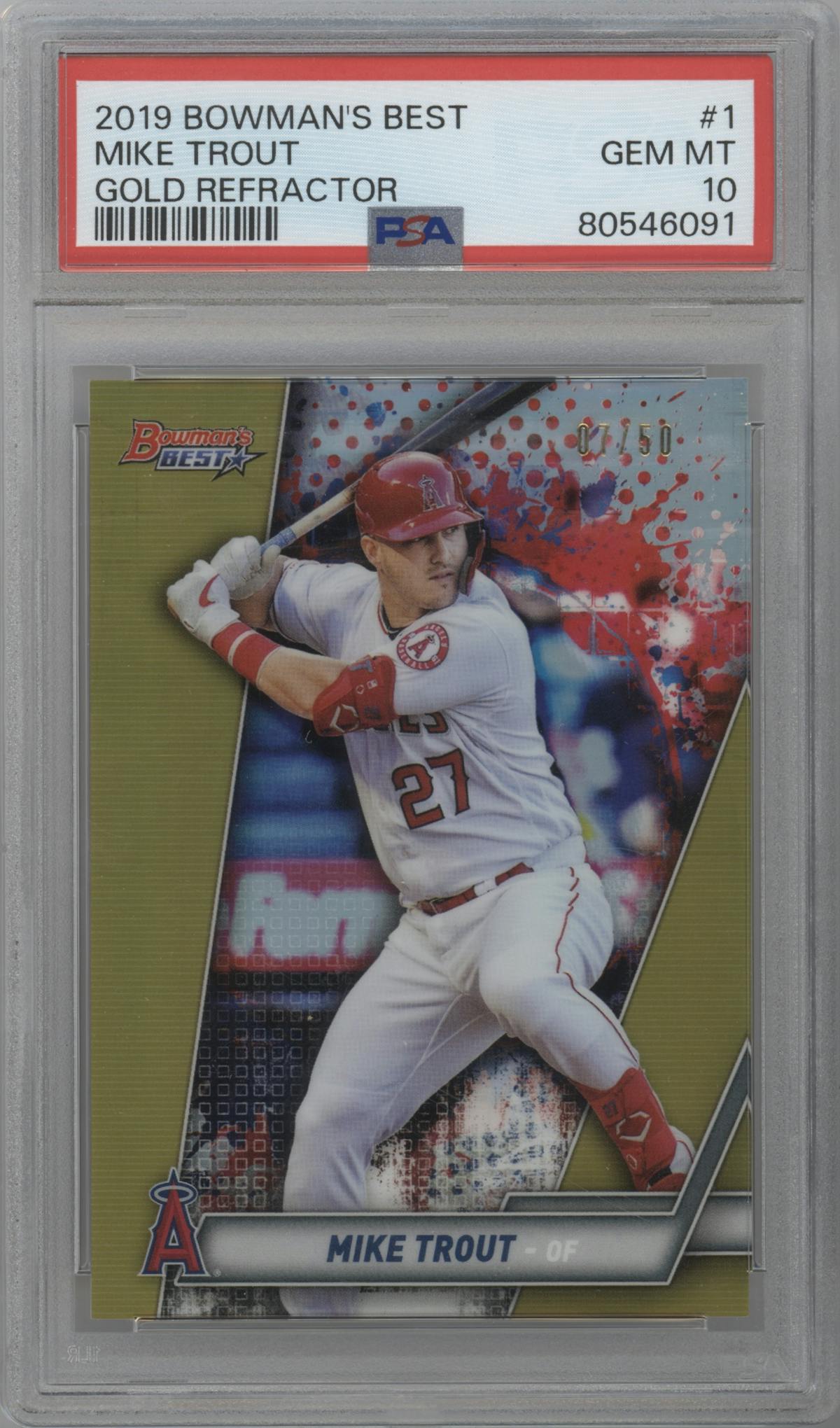 Mike Trout from the 2019 Bowman’s Best set featuring a Gold Refractor parallel graded by PSA and given an overall grade of 10.