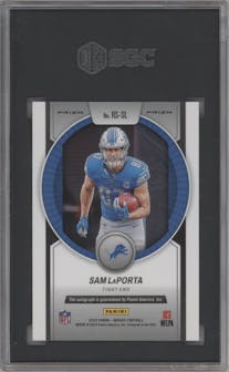 Sam LaPorta from the 2023 Panini Mosaic set graded by SGC and given an overall grade of 10.