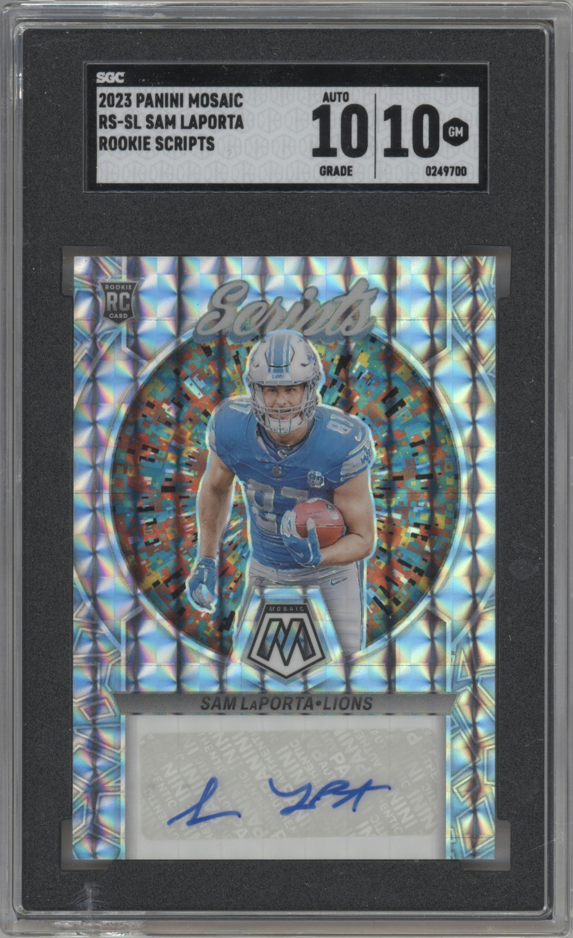 Sam LaPorta from the 2023 Panini Mosaic set graded by SGC and given an overall grade of 10.