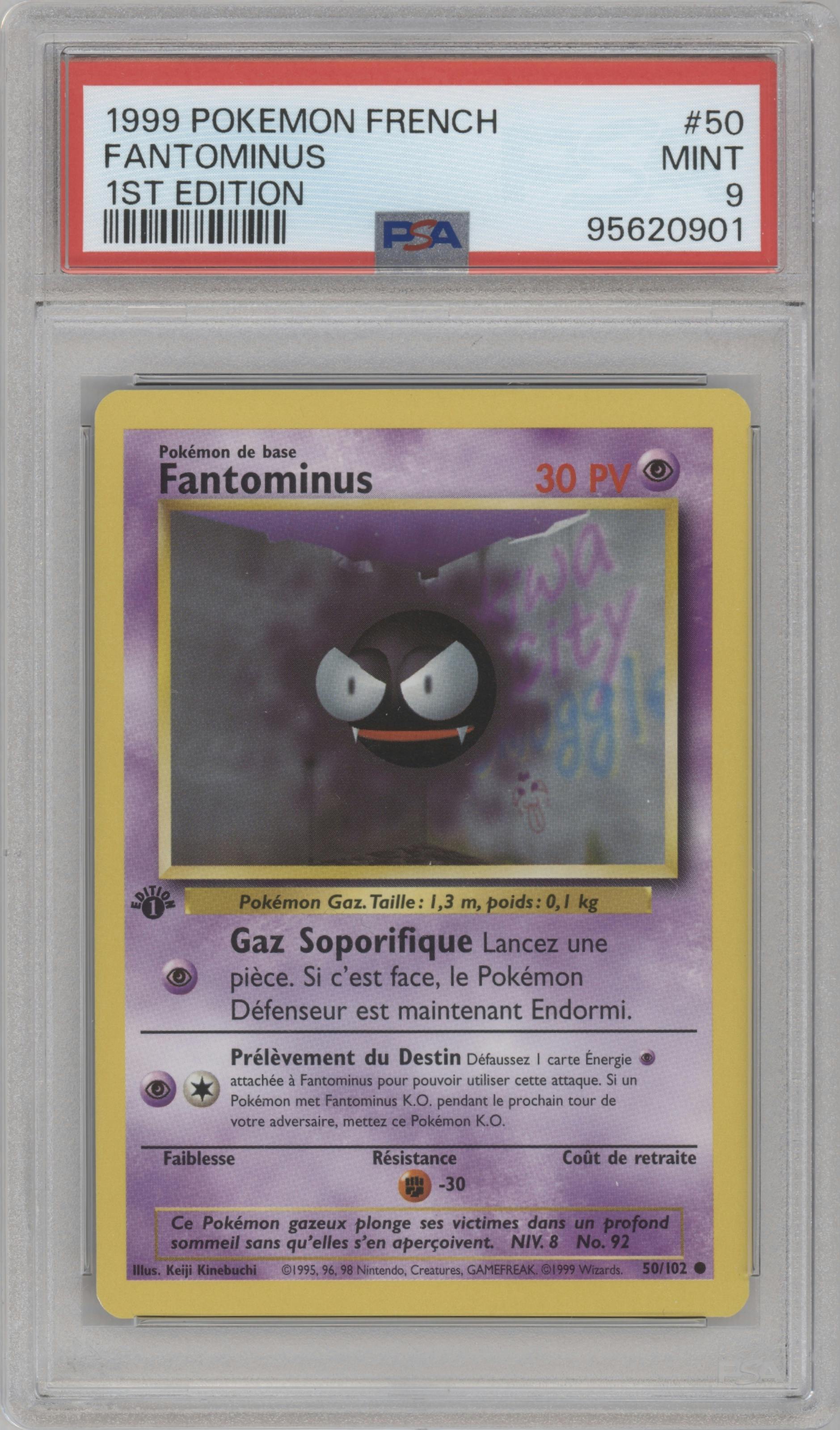 Gastly from the 1999 Pokemon French set graded by PSA and given an overall grade of 9.