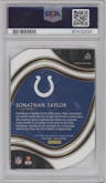 Jonathan Taylor from the 2020 Panini Select set featuring a Die-Cut Tri-Color parallel graded by PSA and given an overall grade of 9.