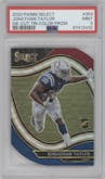 Jonathan Taylor from the 2020 Panini Select set featuring a Die-Cut Tri-Color parallel graded by PSA and given an overall grade of 9.