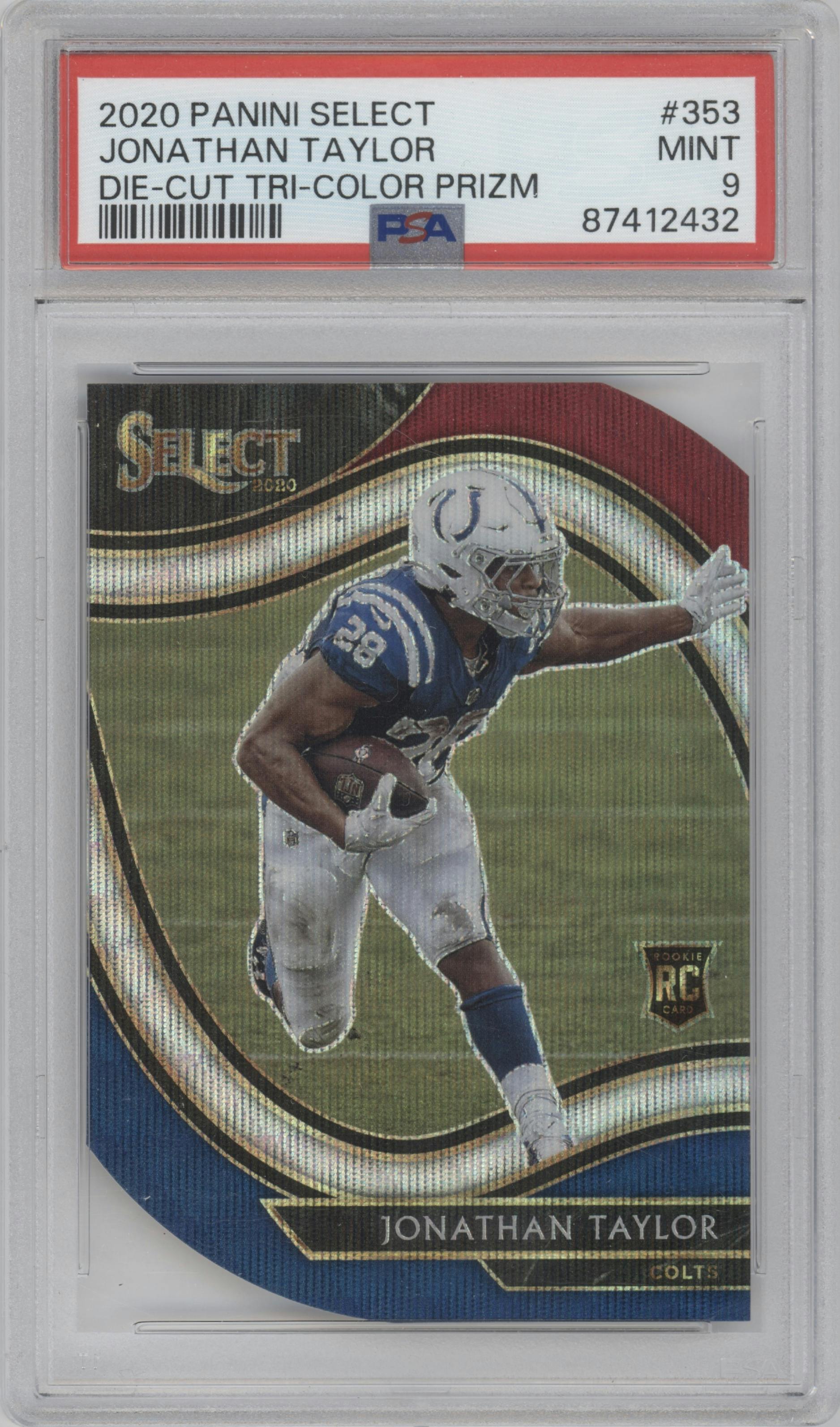 Jonathan Taylor from the 2020 Panini Select set featuring a Die-Cut Tri-Color parallel graded by PSA and given an overall grade of 9.