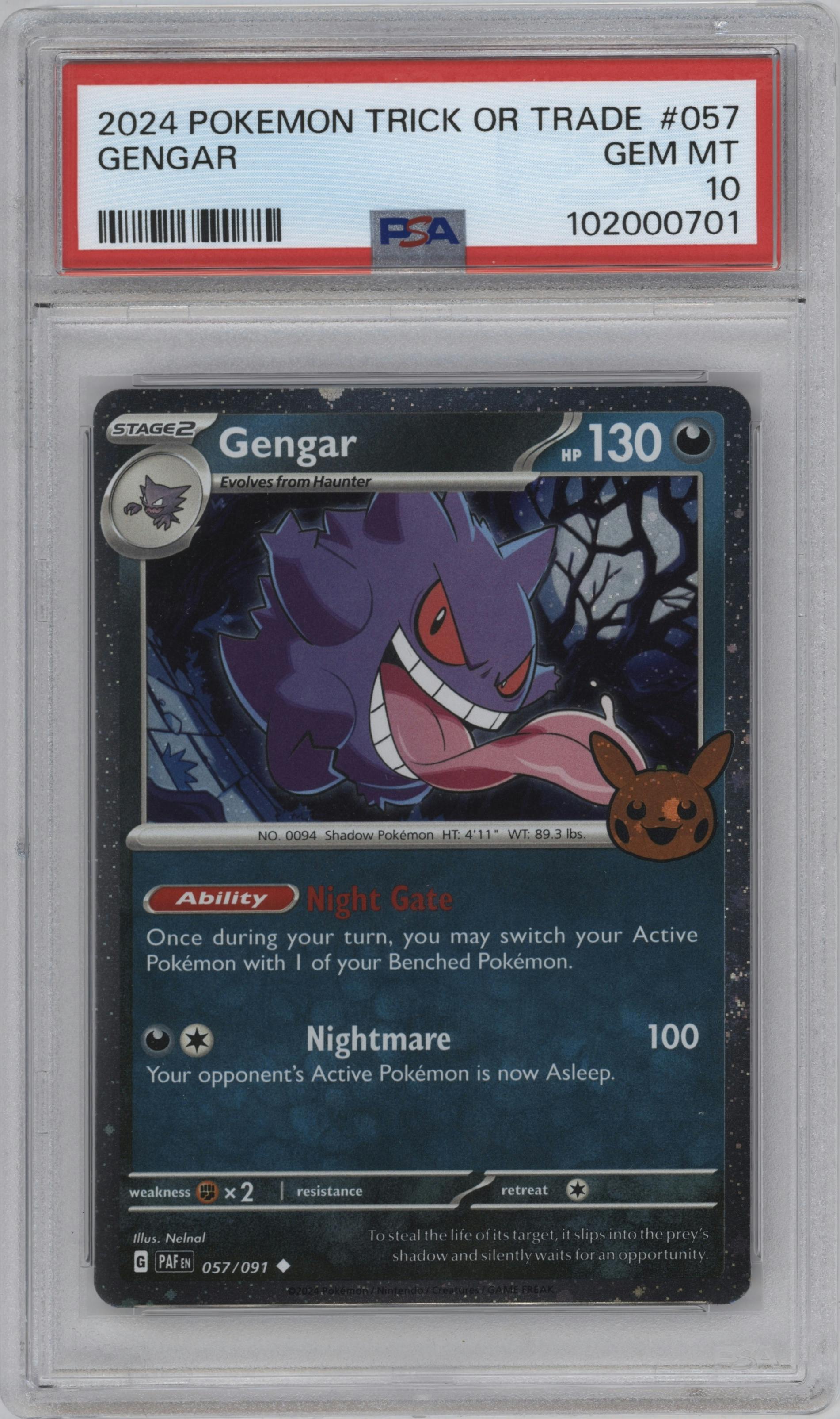 Gengar from the 2024 Pokemon SV set graded by PSA and given an overall grade of 10.