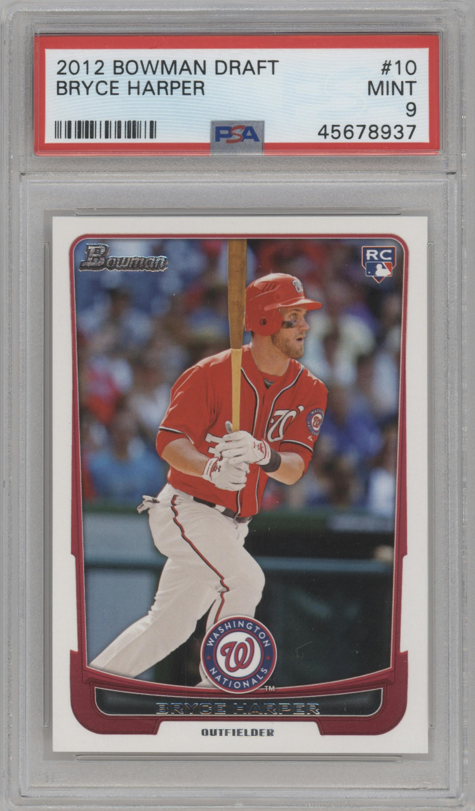 Bryce Harper from the 2012 Bowman Draft set graded by PSA and given an overall grade of 9.