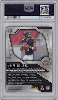 Caleb Williams from the 2024 Panini Prizm set featuring a Silver Prizm parallel graded by PSA and given an overall grade of 10.