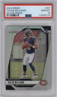 Caleb Williams from the 2024 Panini Prizm set featuring a Silver Prizm parallel graded by PSA and given an overall grade of 10.