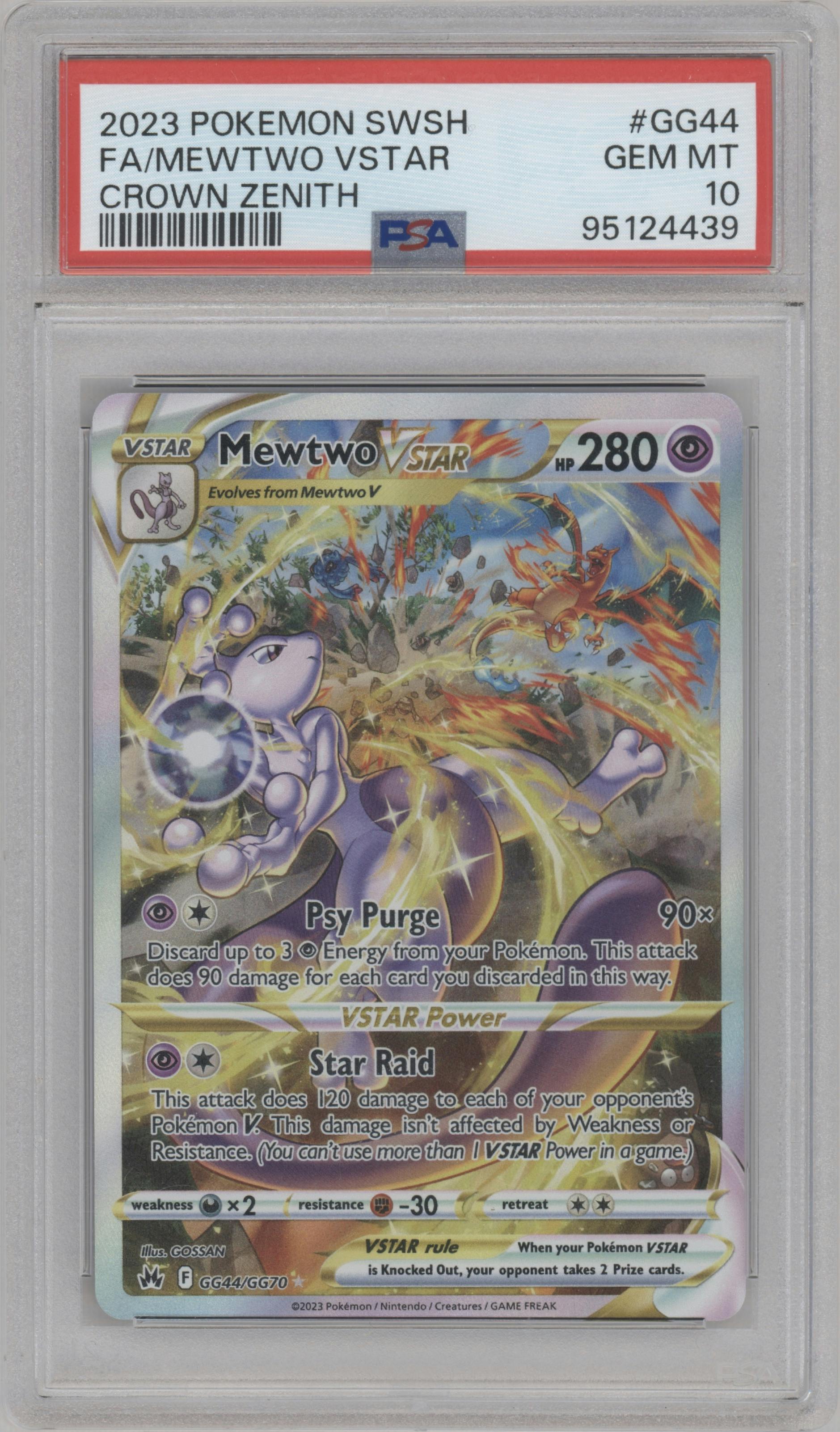 Mewtwo VSTAR from the 2023 Pokemon SWSH set graded by PSA and given an overall grade of 10.