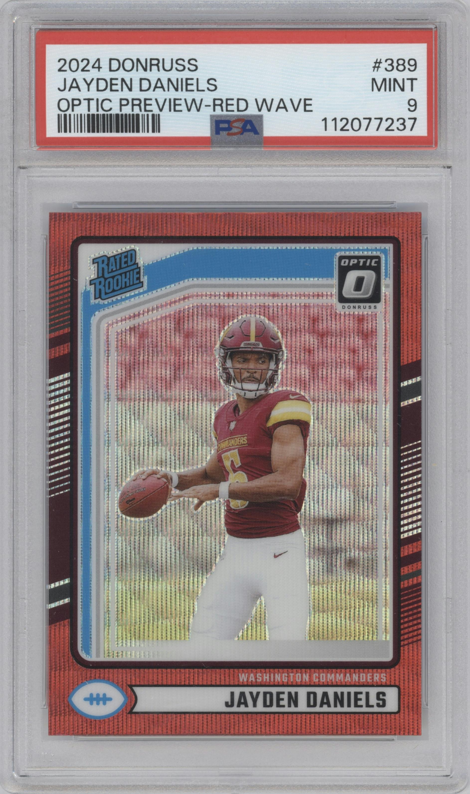 Jayden Daniels from the 2024 Donruss set featuring a Red Wave parallel graded by PSA and given an overall grade of 9.