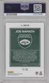 Joe Namath from the 2023 Donruss Optic set featuring a Black Pandora parallel graded by PSA and given an overall grade of 10.