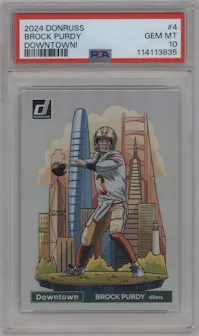 Brock Purdy from the 2024 Donruss set graded by PSA and given an overall grade of 10.