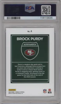 Brock Purdy from the 2024 Donruss set graded by PSA and given an overall grade of 10.