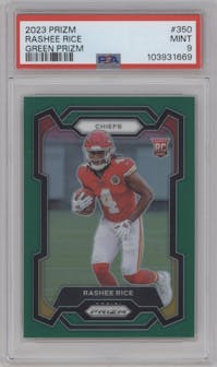 Rashee Rice from the 2023 Panini Prizm set featuring a Green Prizm parallel graded by PSA and given an overall grade of 9.