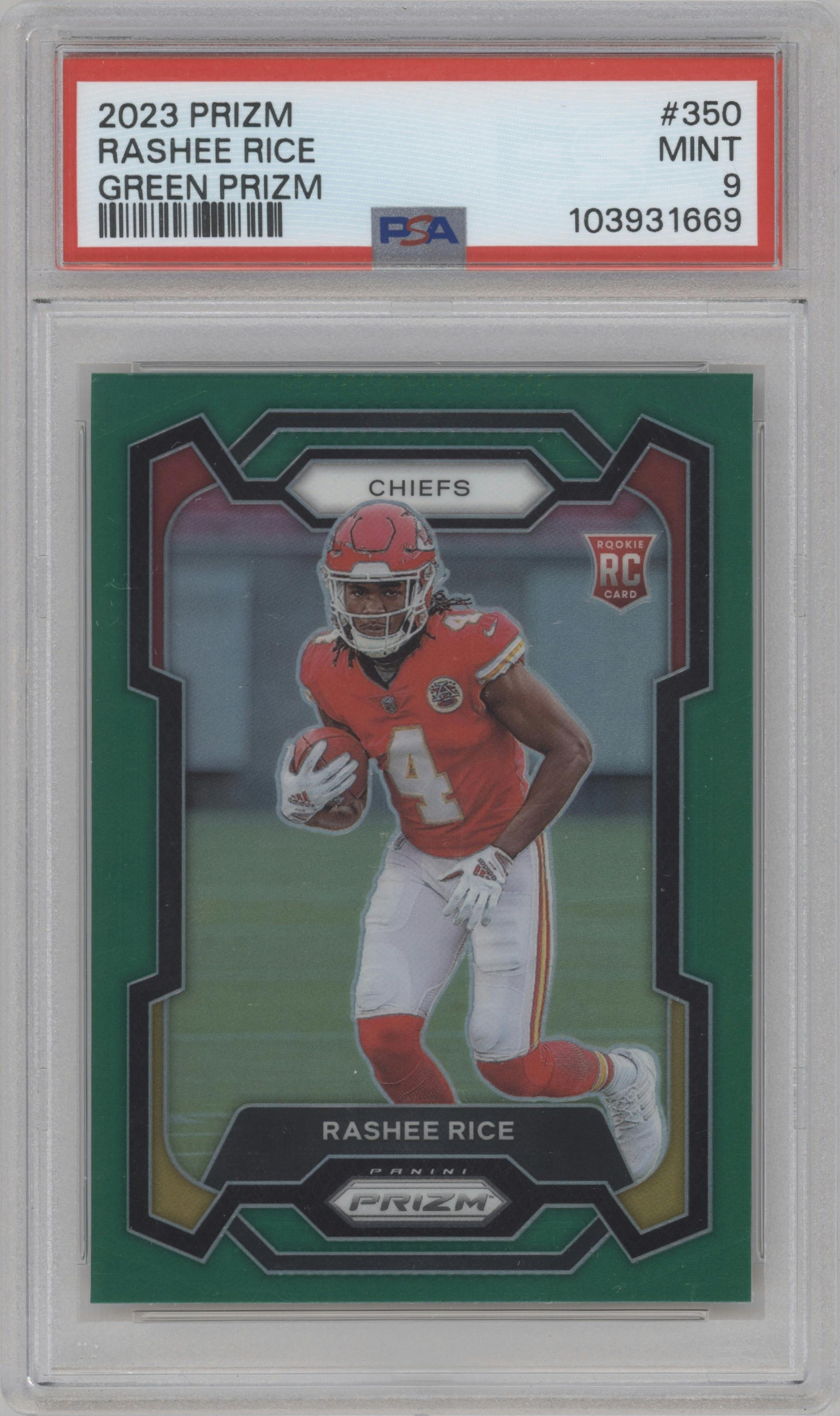 Rashee Rice from the 2023 Panini Prizm set featuring a Green Prizm parallel graded by PSA and given an overall grade of 9.