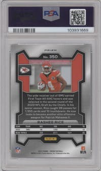 Rashee Rice from the 2023 Panini Prizm set featuring a Green Prizm parallel graded by PSA and given an overall grade of 9.