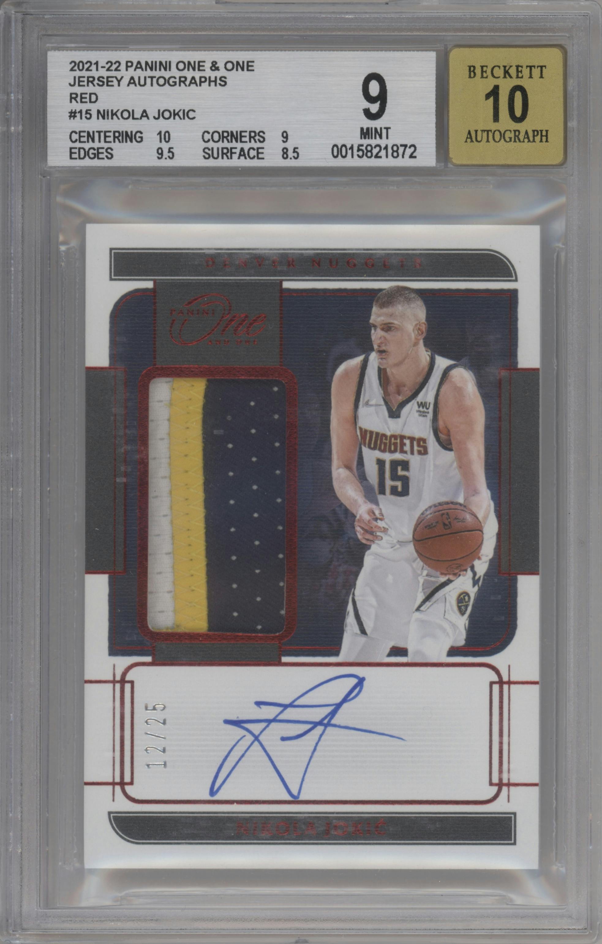 Nikola Jokic from the 2021-22 Panini One and One set featuring a Red parallel graded by Beckett and given an overall grade of 9.