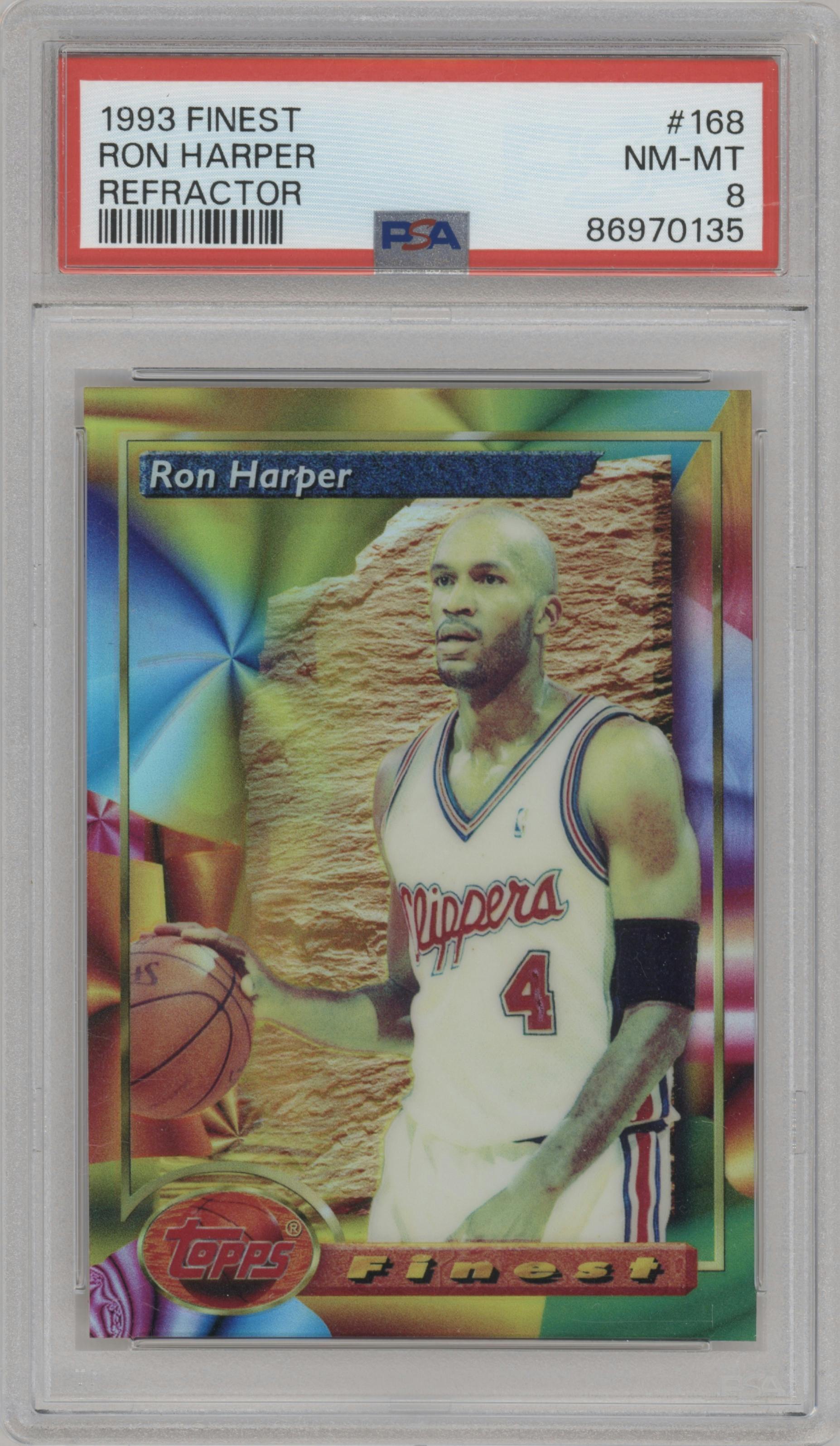 Ron Harper from the 1993-94 Topps Finest  set featuring a Refractor parallel graded by PSA and given an overall grade of 8.