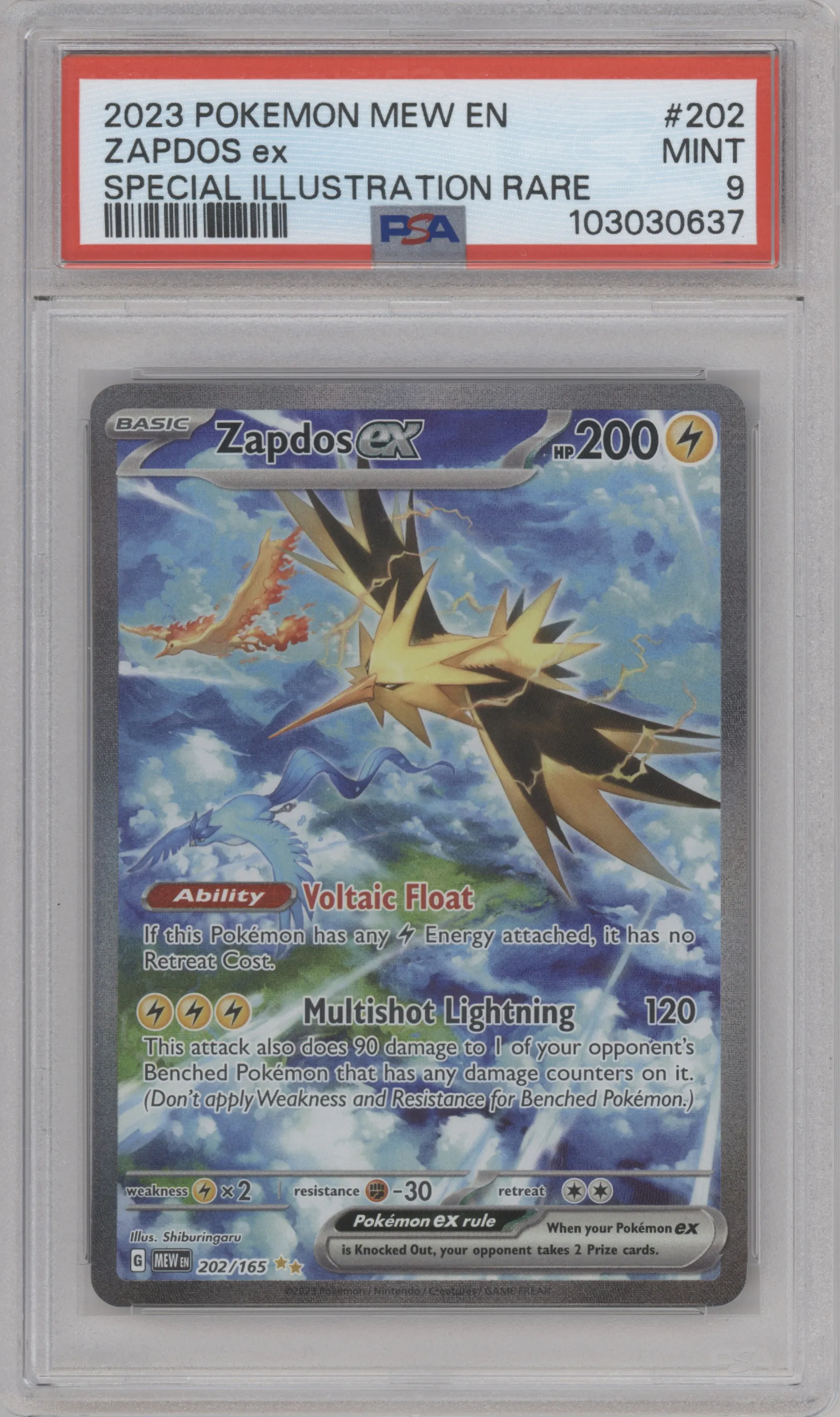 Zapdos EX from the 2023 Pokemon SV set graded by PSA and given an overall grade of 9.