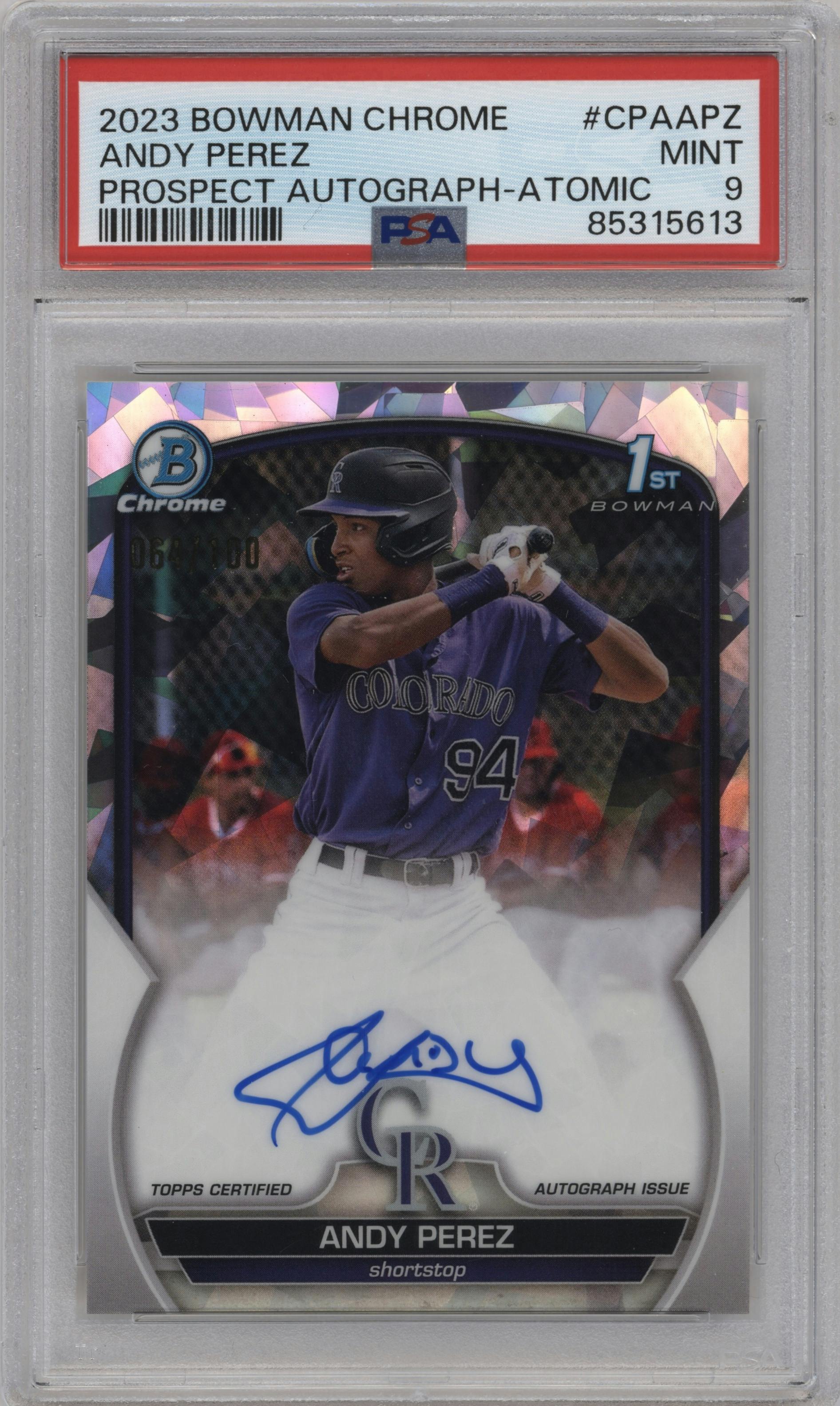 Andy Perez from the 2023 Bowman Chrome set featuring a Atomic Refractor parallel graded by PSA and given an overall grade of 9.