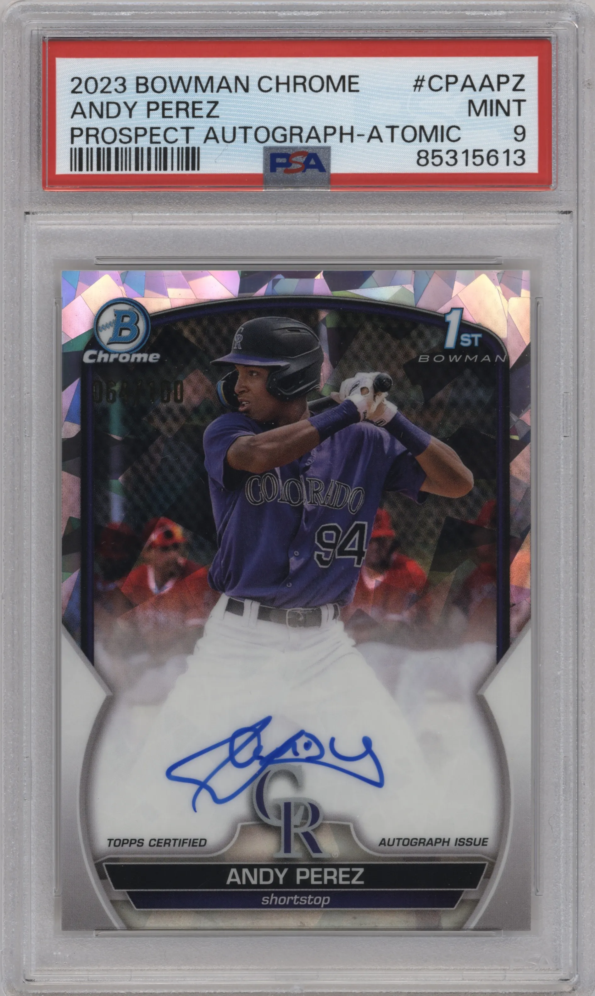 2023 Bowman Chrome Chr.Pros.Auto Andy Perez Atomic Refractor PSA 9