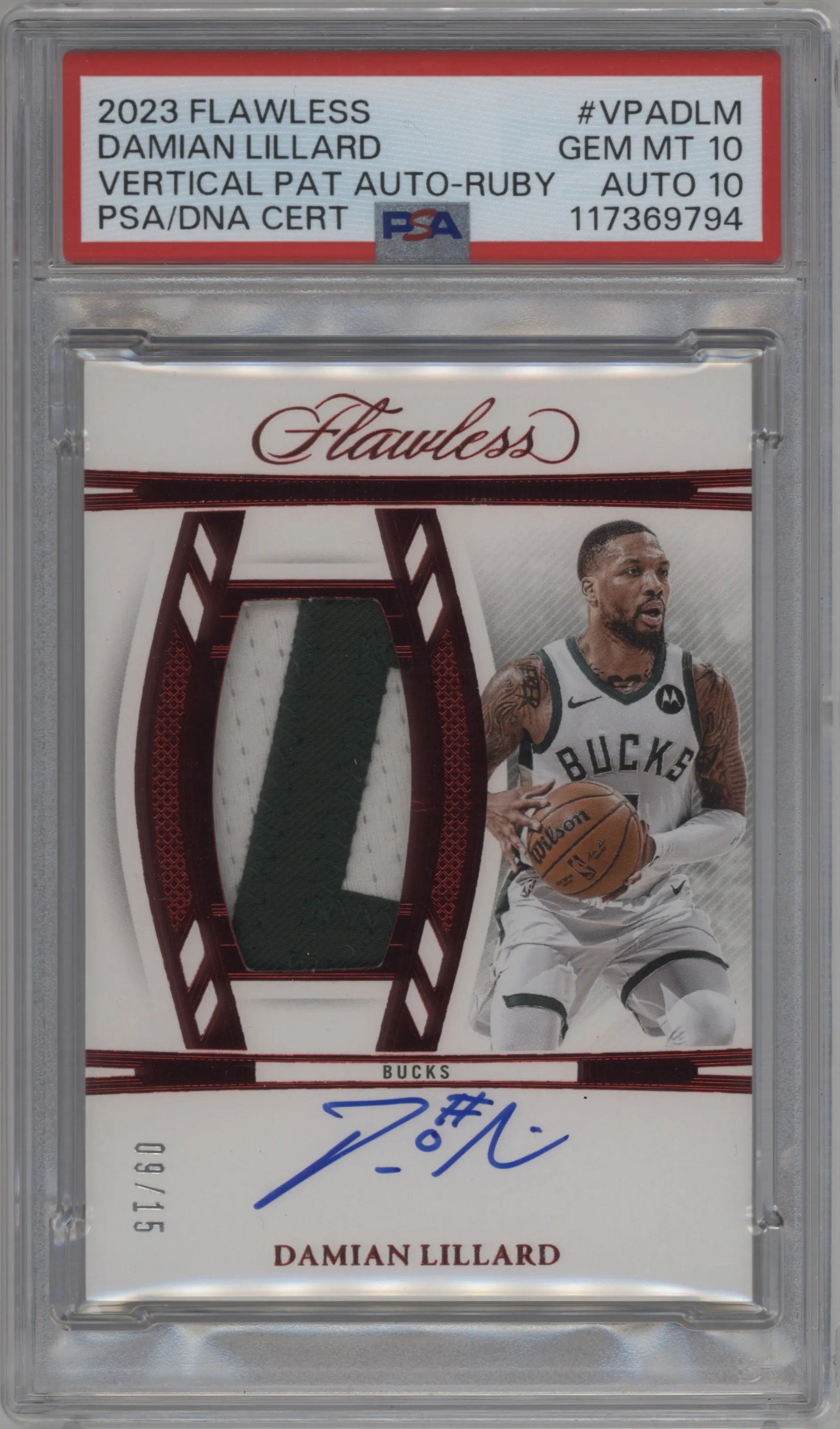 2023 Panini Flawless Vertical Patch Auto Damian Lillard Ruby #VPA-DLM PSA 10