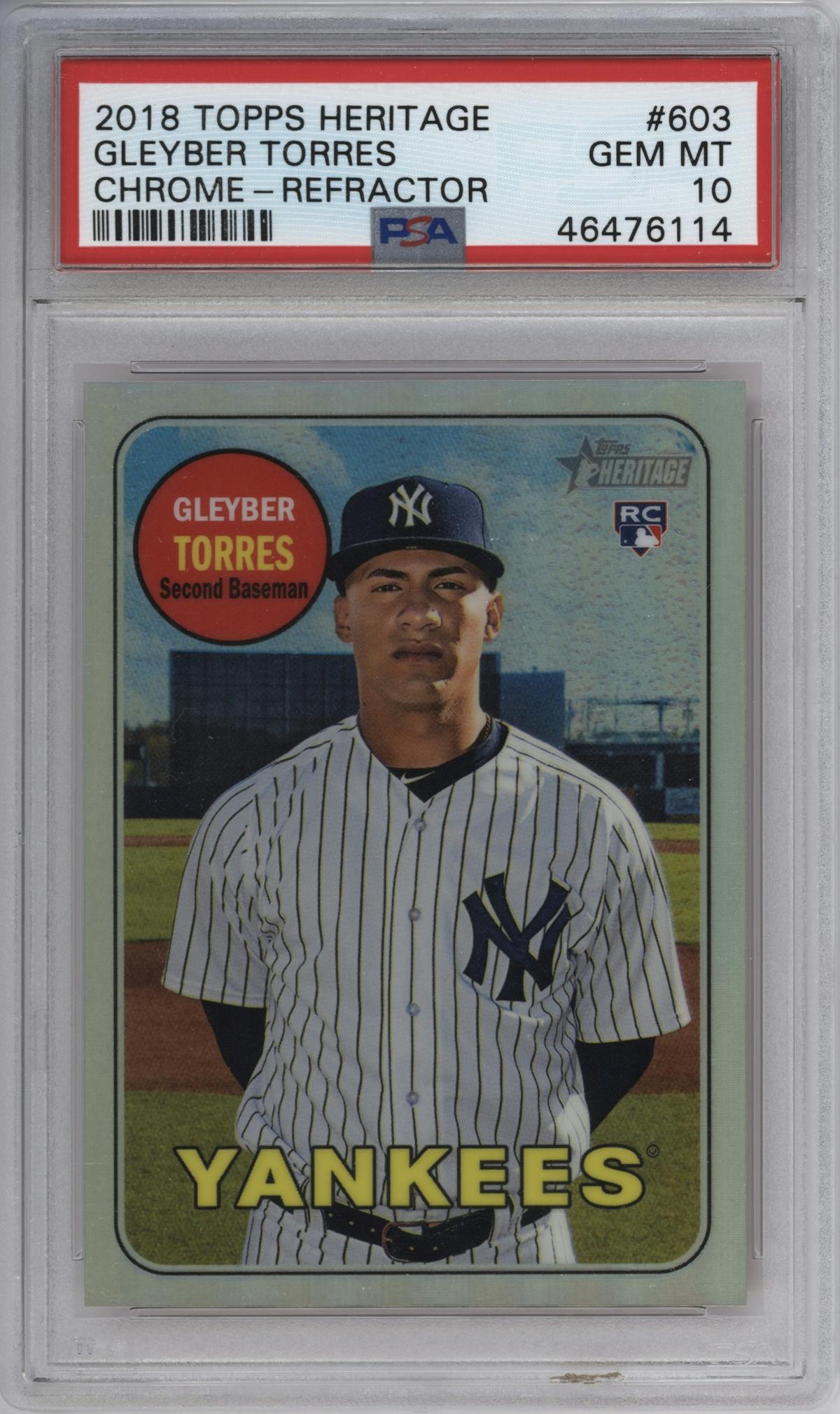 Gleyber Torres from the 2018 Topps Heritage High Number set featuring a Refractor parallel graded by PSA and given an overall grade of 10.