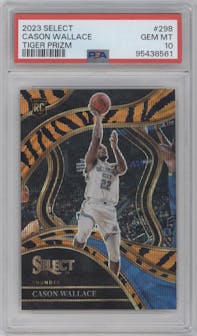 Cason Wallace from the 2023-24 Panini Select  set featuring a Tiger parallel graded by PSA and given an overall grade of 10.