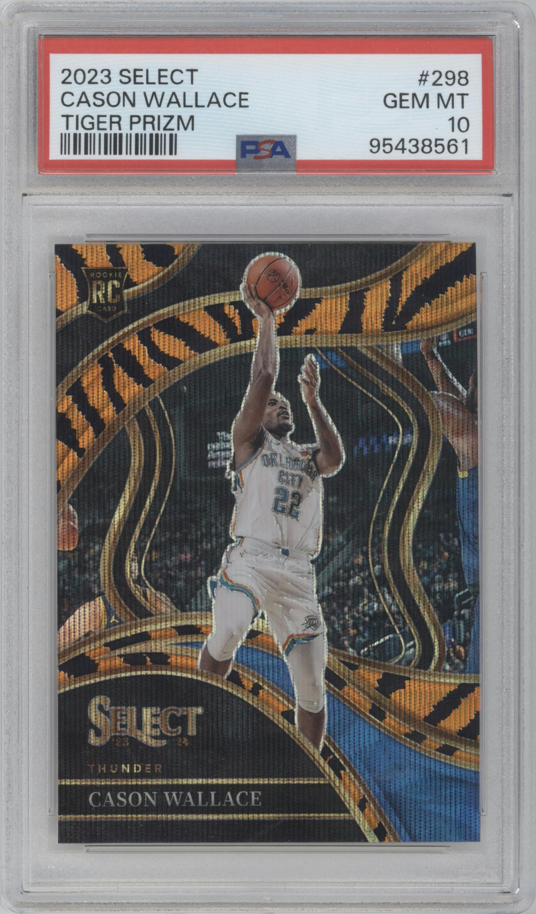 Cason Wallace from the 2023-24 Panini Select  set featuring a Tiger parallel graded by PSA and given an overall grade of 10.