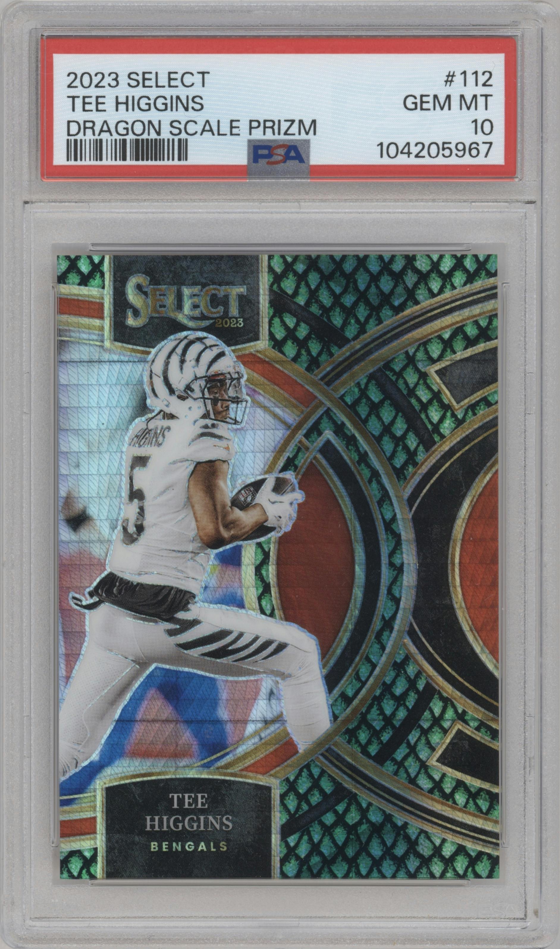 Tee Higgins from the 2023 Panini Select set featuring a Dragon Scale parallel graded by PSA and given an overall grade of 10.